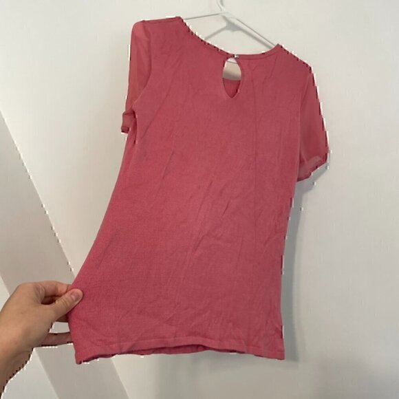 WHITE HOUSE BLACK MARKET WHBM Woven Short Sleeve Top Pink Mixed Media Knit Work - Picture 12 of 14